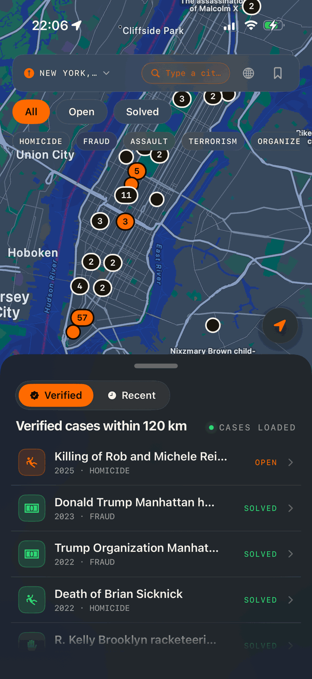 CrimeLens map of New York with verified case pins and the list of cases within 120 km