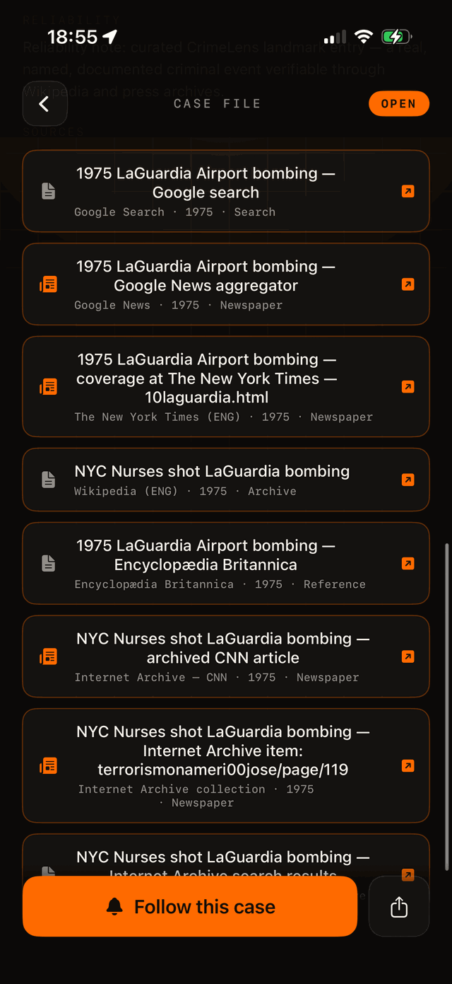 The source list of a case, linking out to press, archive and reference records