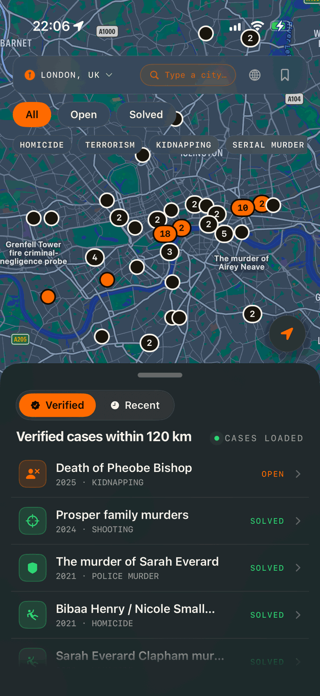 CrimeLens map of London with verified case pins and category filters