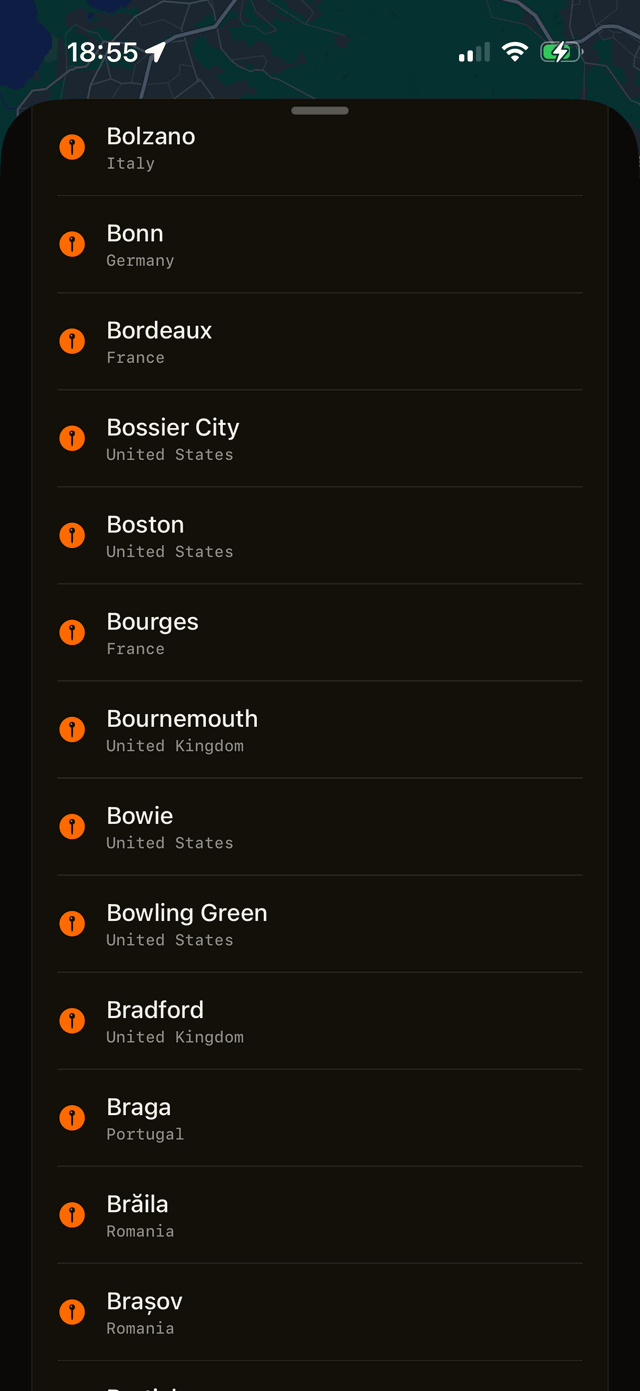 City picker listing thousands of cities across dozens of countries