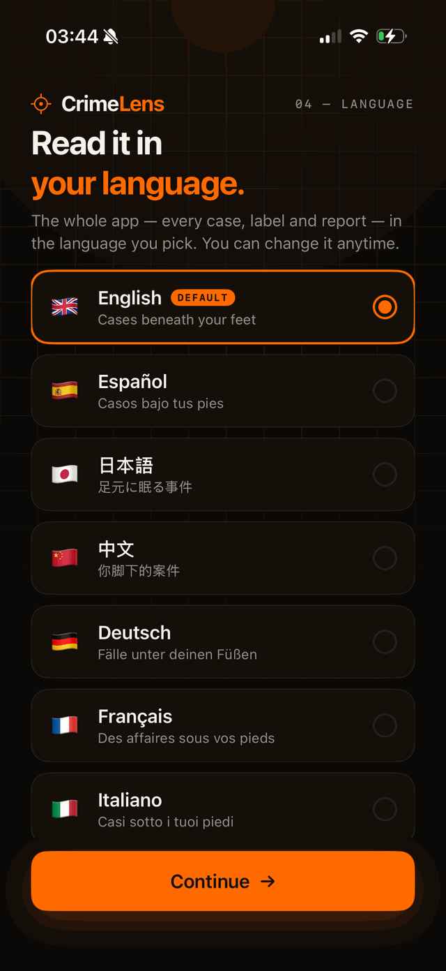 Language picker: read every case, label and report in your own language